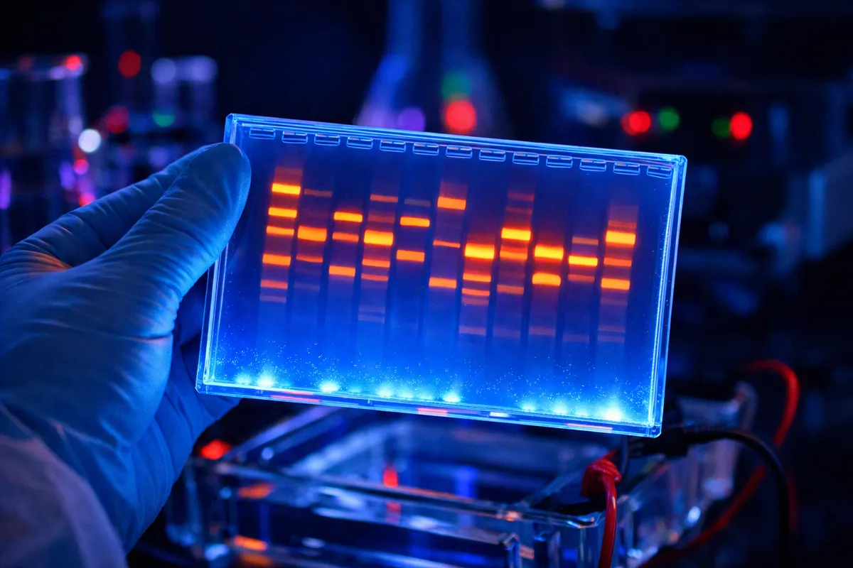 Gelplatta med DNA-band som lyser blått