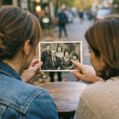 Två kvinnor håller upp ett gammalt svartvitt familjefoto
