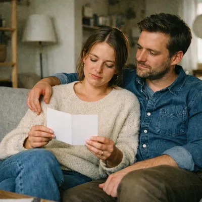 Par i soffan läser tillsammans ett brev