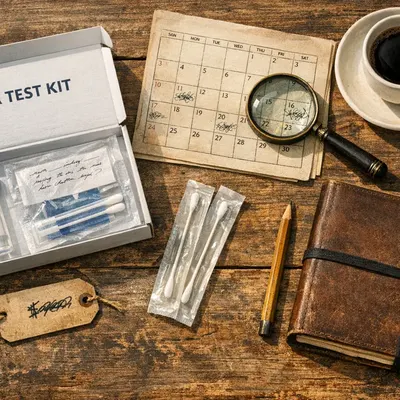 DNA-testkit med provrör och bomullspinnar bredvid en kalender och ett förstoringsglas på ett träbord