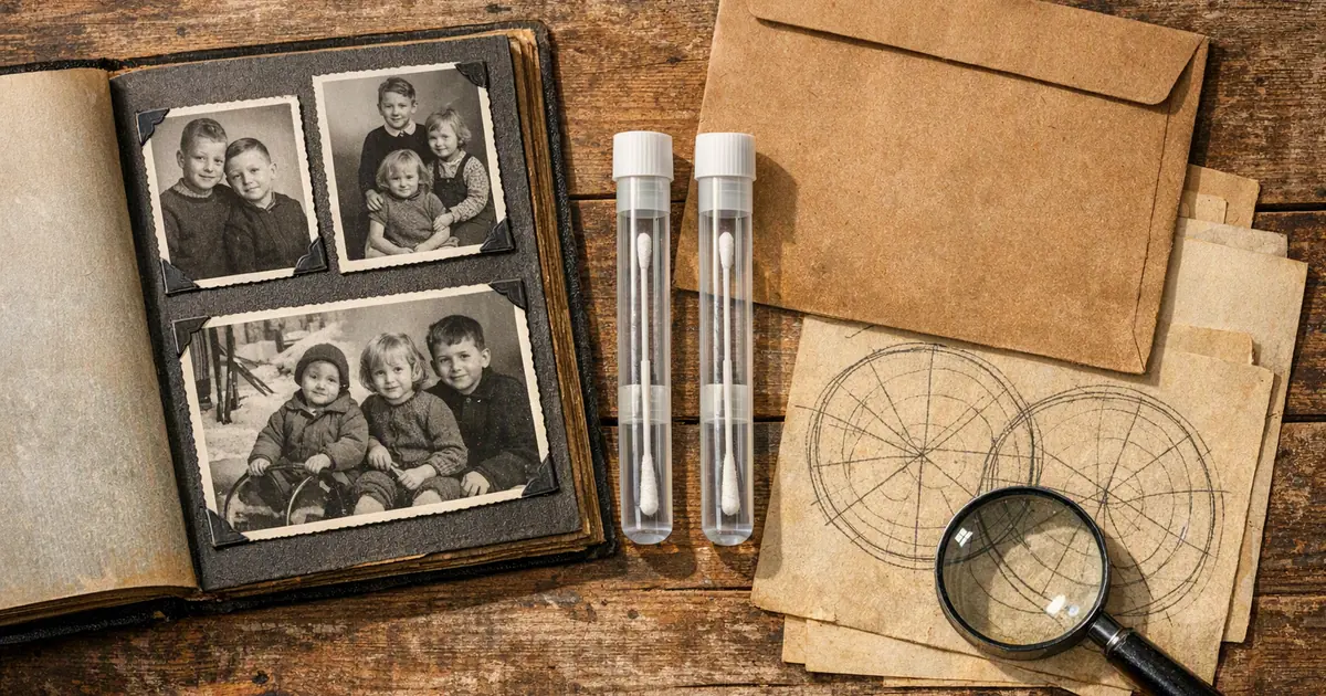 Uppslaget fotoalbum med syskonfotografier bredvid två DNA-topsrör och handritade cirkeldiagram
